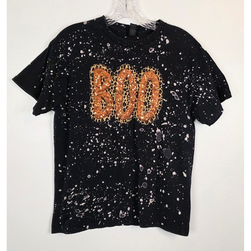 Gildan Heavy Cotton Black Bleached Splatter Boo Halloween Sequin T-Shirt Medium